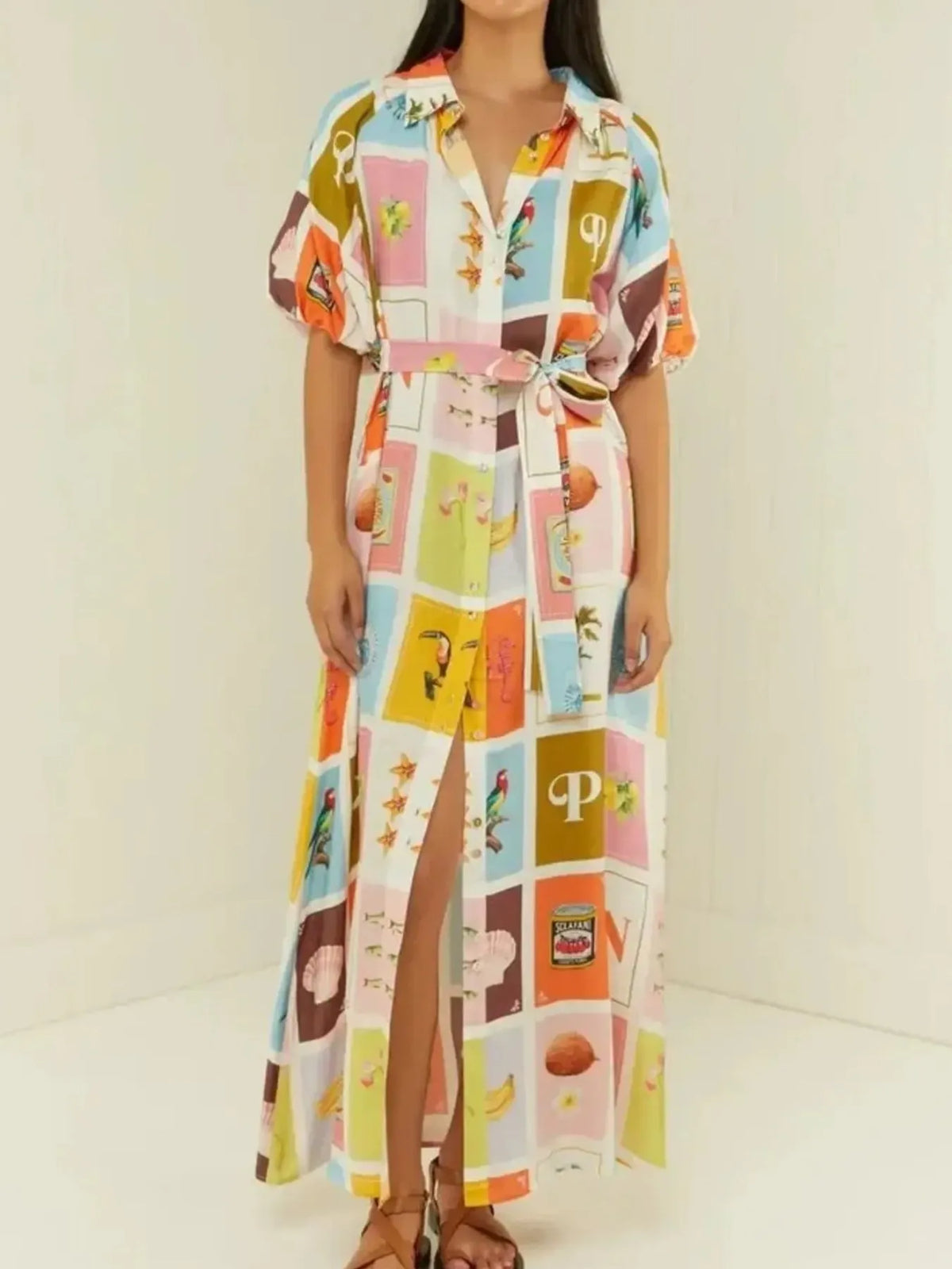 Colorful Print Tie Waist Maxi Shirt Dress