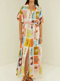Colorful Print Tie Waist Maxi Shirt Dress