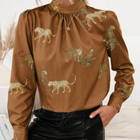 Ivy Lane Leopard Graphic Mock Neck Puff Sleeve Blouse