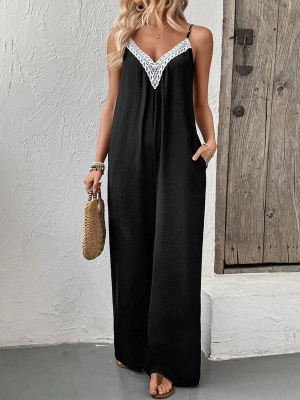 Lace Trim V-Neck Wide Leg Jumpsuit