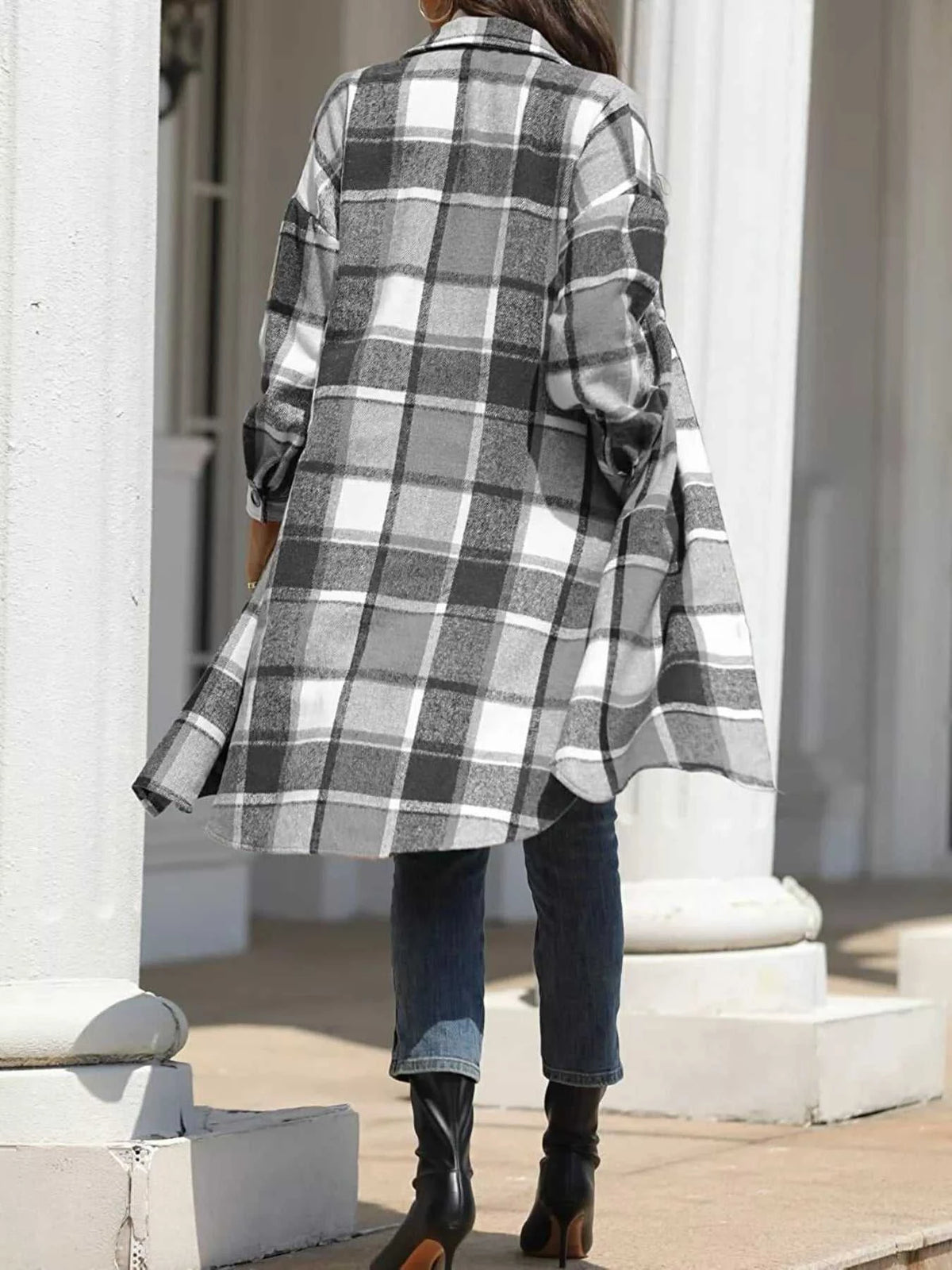 Longline Plaid Button-Up Coat 100100642429775 44 Affordable Fashion Under $100 Jerry's Apparel 