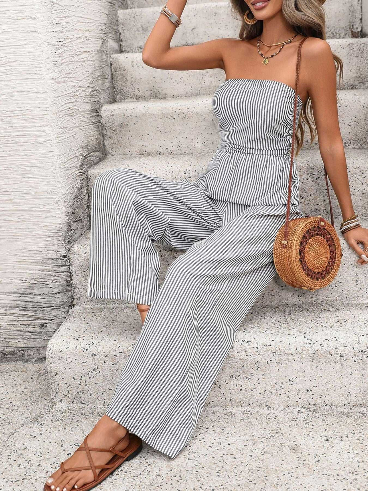 Striped Strapless Wide Leg Jumpsuit 100100424719142 40 Affordable Fashion Under $100 Jerry's Apparel 