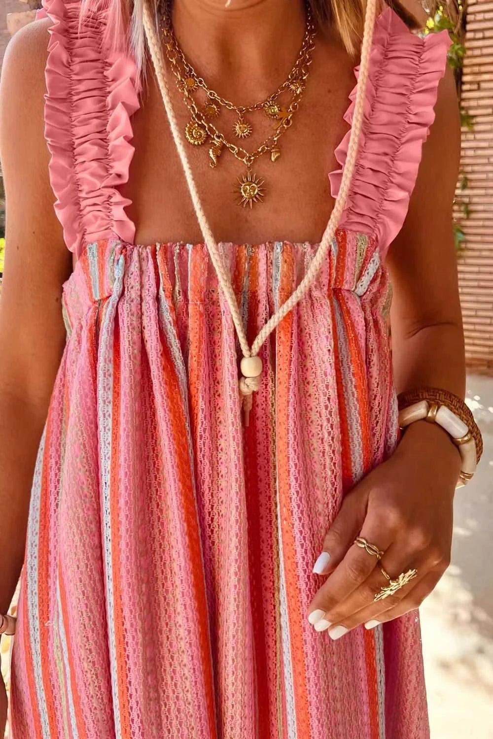 Stripe Ruffled Straps Ribbon Knot Flowy Vacation Maxi Dress 100100860040024 76 Affordable Fashion Under $100 Jerry's Apparel 