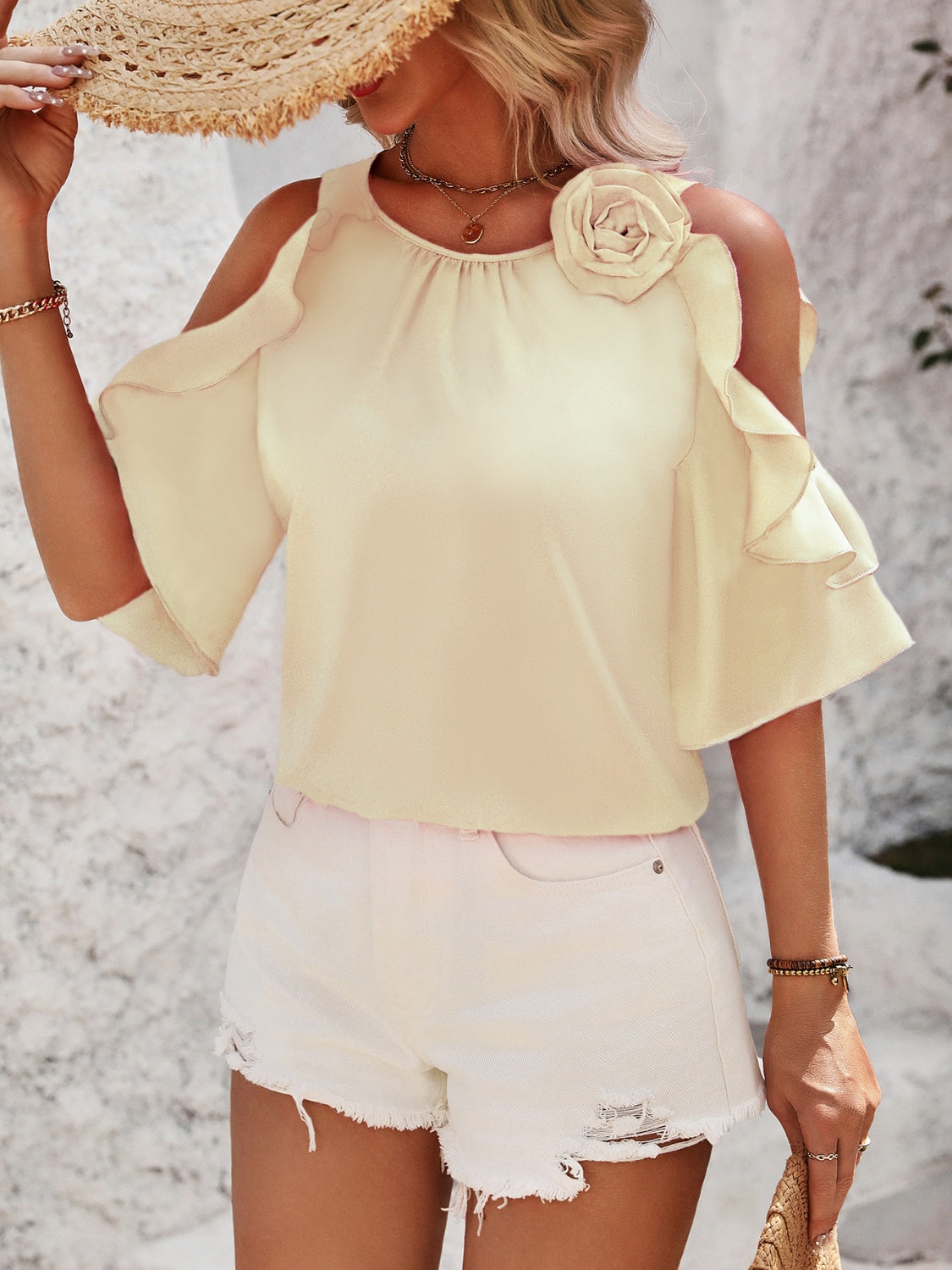 Honey Ruffled Round Neck Half Sleeve Blouse