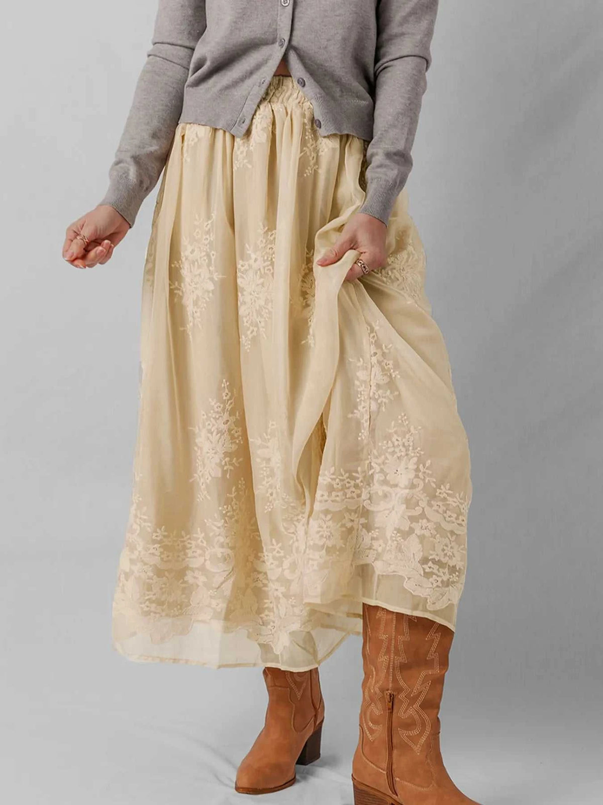 Embroidered Mesh Overlay Flowy Midi Skirt 100100602530081 64 Affordable Fashion Under $100 Jerry's Apparel 