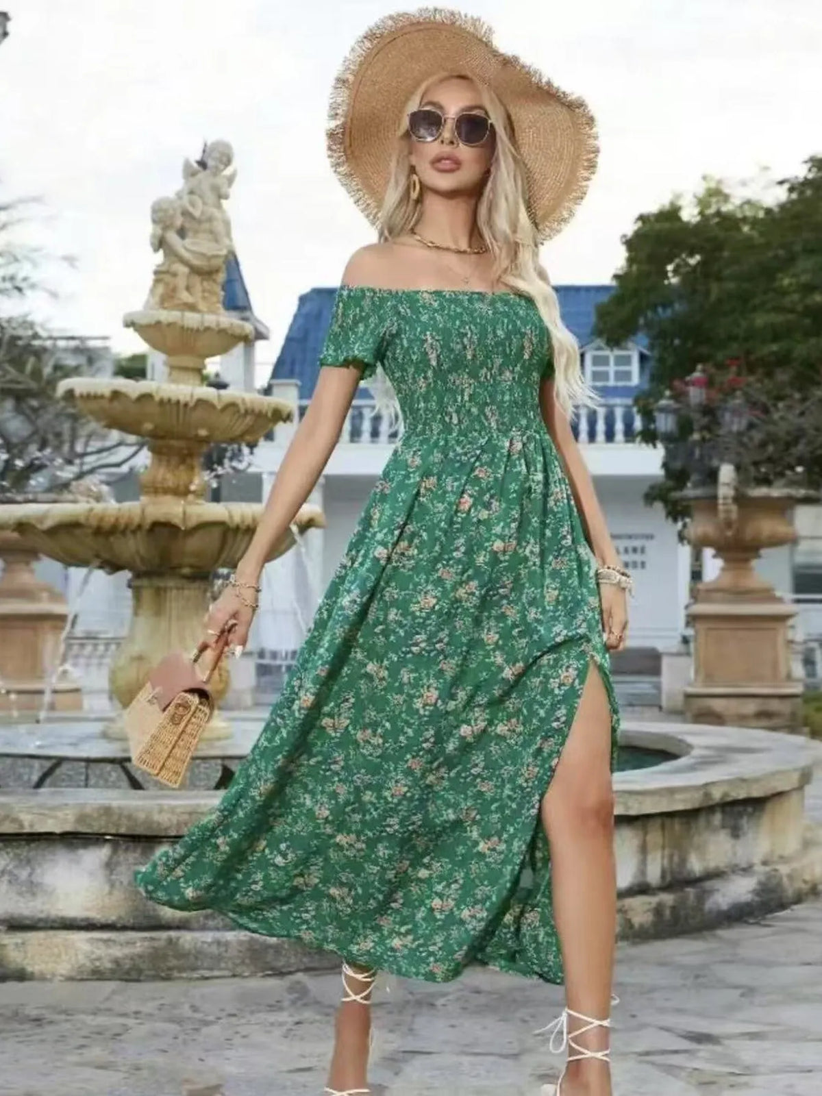 Full Size Slit Off-Shoulder Floral Midi Dress Plus Size