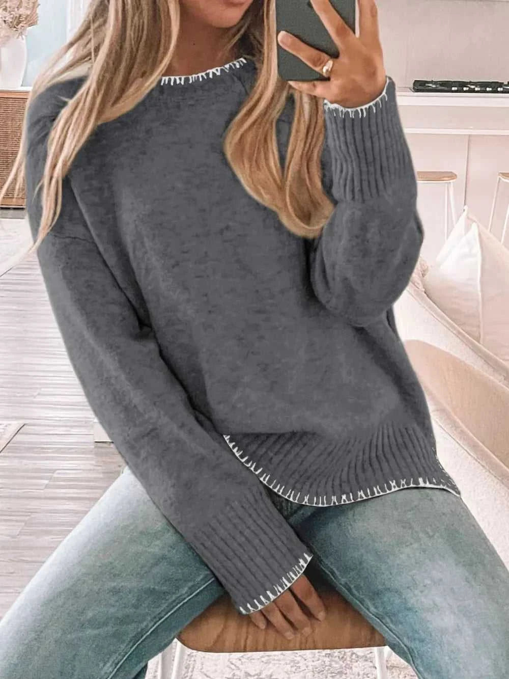 Perfee Round Neck Long Sleeve Sweater 100100049404525 45 Affordable Fashion Under $100 Jerry's Apparel 