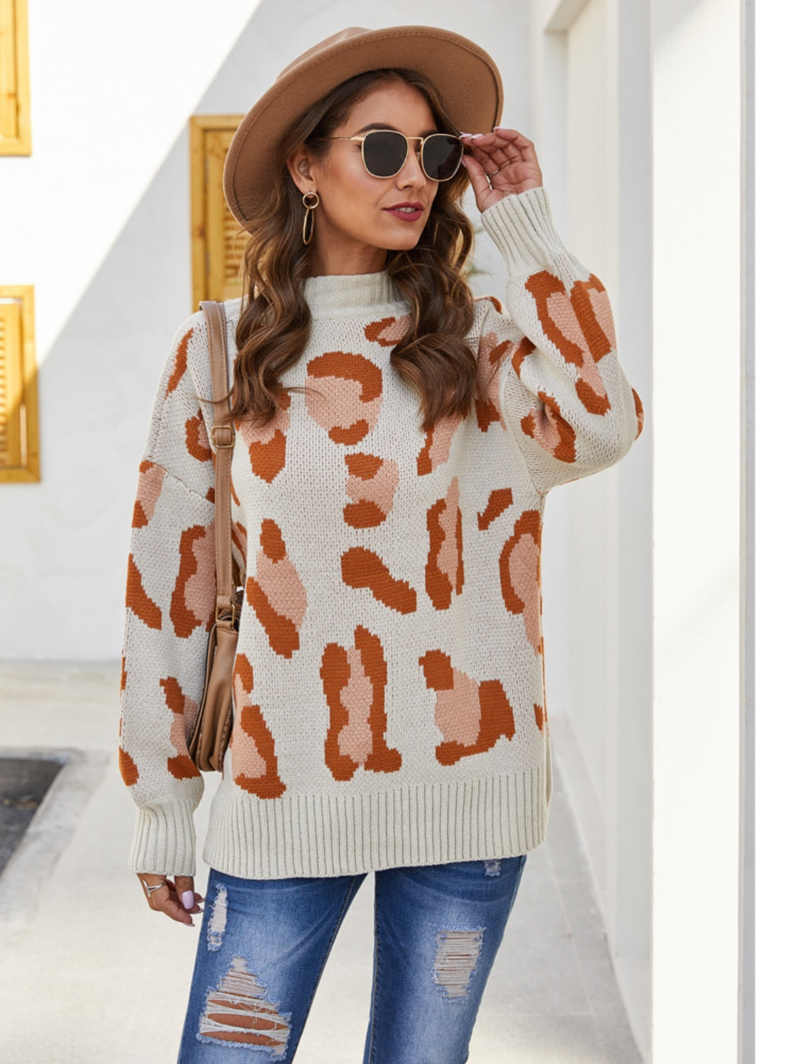 Angel Wings Leopard Mock Neck Dropped Shoulder Sweater