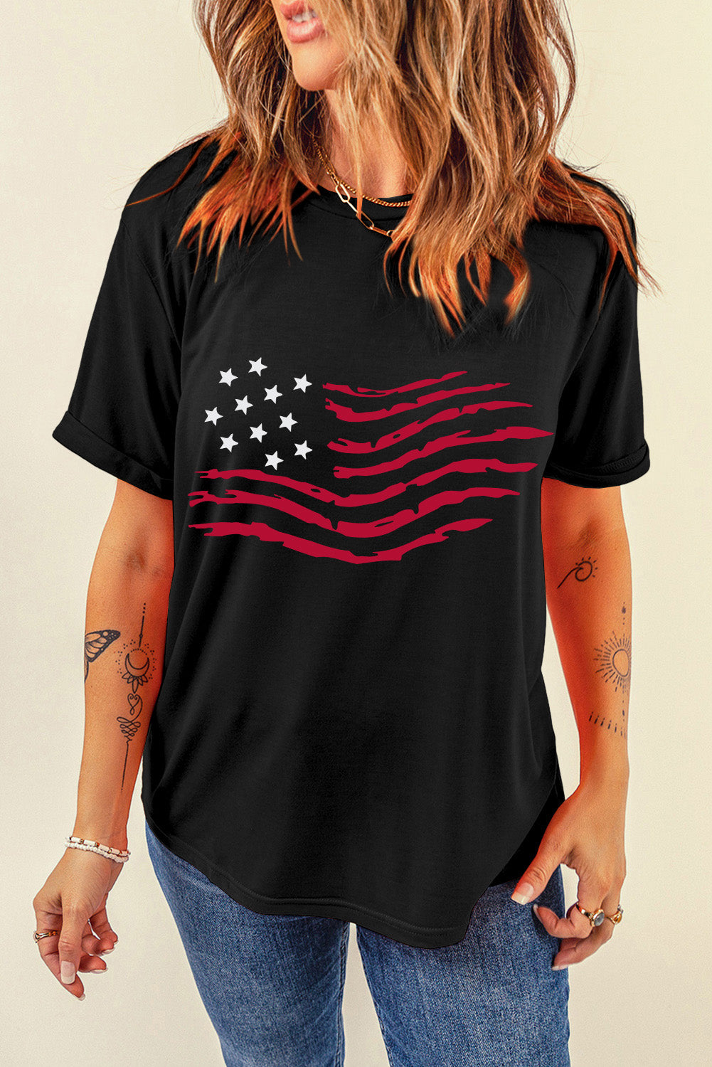 US Flag Round Neck Short Sleeve T-Shirt