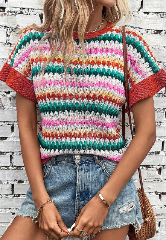 Contrast Round Neck Short Sleeve Sweater