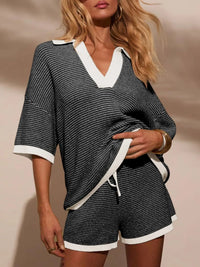 Collared Neck Contrast Striped Top and Shorts Sweater Set