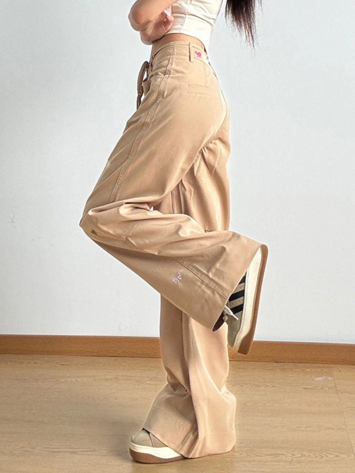 Bow Embroidered Wide Leg Drawstring Casual Pants