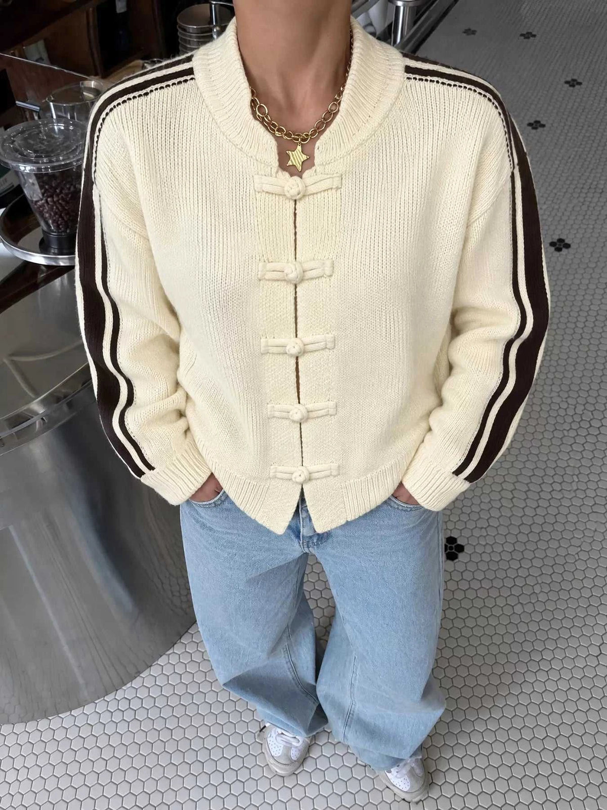 Chinese Knot Button Cardigan with Contrast Side Stripes 101002959338177 61 Affordable Fashion Under $100 Jerry's Apparel 