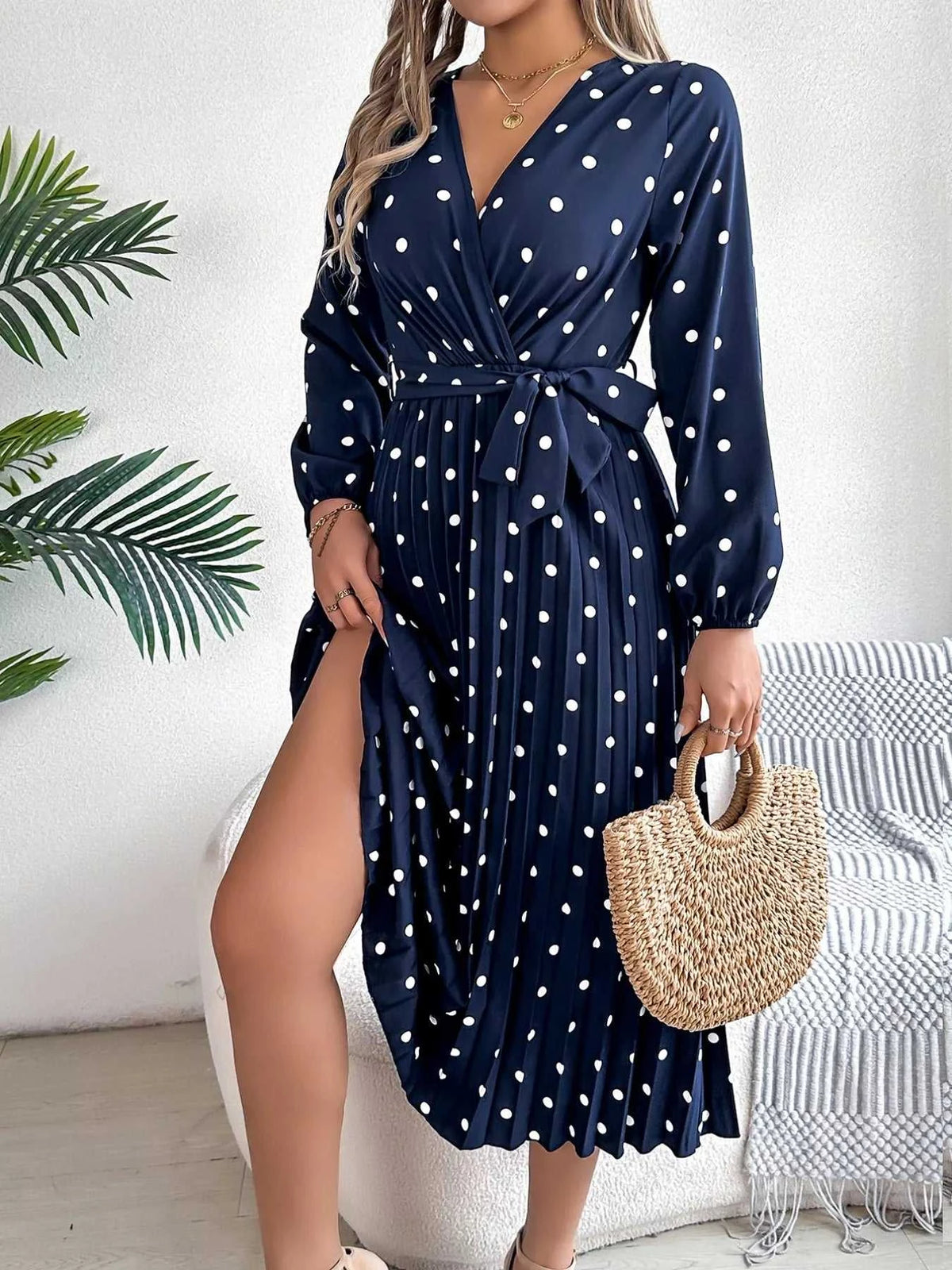 Front Tie Polka Dot Midi Pleated Dress 100100612892124 36 Gifts for Her Jerry's Apparel 