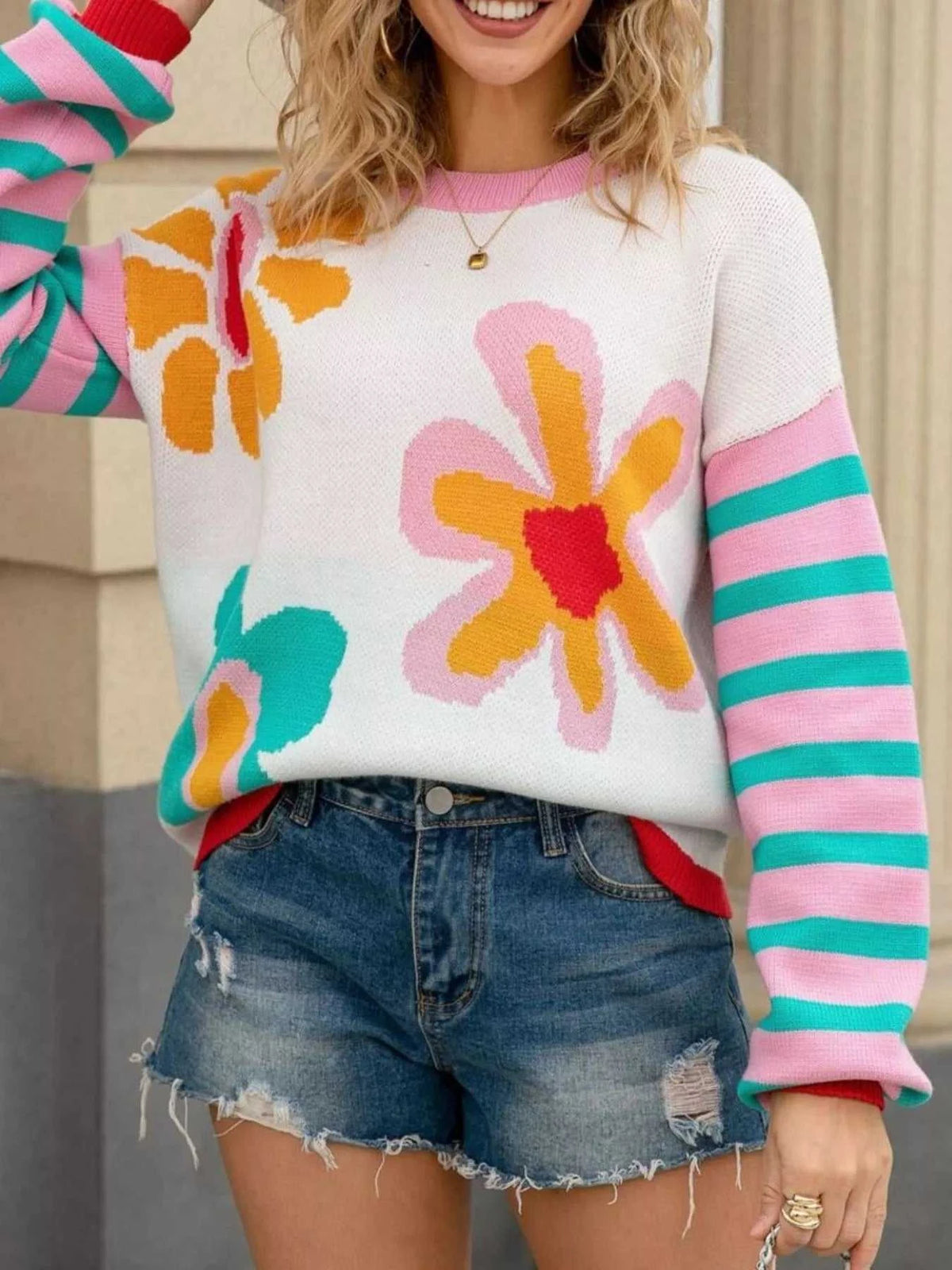 Floral Striped Crew Neck Sweater 100100282505269 51 Affordable Fashion Under $100 Jerry's Apparel 