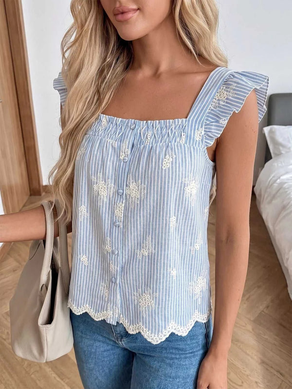 Striped Embroidered Ruffle Sleeve Blouse 100100769903290 43 Affordable Fashion Under $100 Jerry's Apparel 