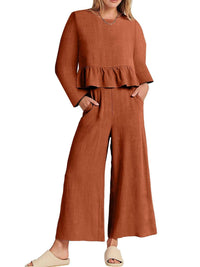 Full Size Ruffled Hem Long Sleeve Top and Pants Set Plus Size 100100344916700 44 Affordable Fashion Under $100 Jerry's Apparel 