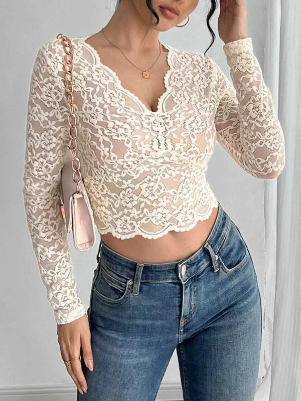 Elegant Lace V-Neck Long Sleeve Top 100100005580872 26 Affordable Fashion Under $100 Jerry's Apparel 