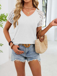 Lace Sleeve V-Neck Waffle Knit T-Shirt 100100150990299 25 Affordable Fashion Under $100 Jerry's Apparel 
