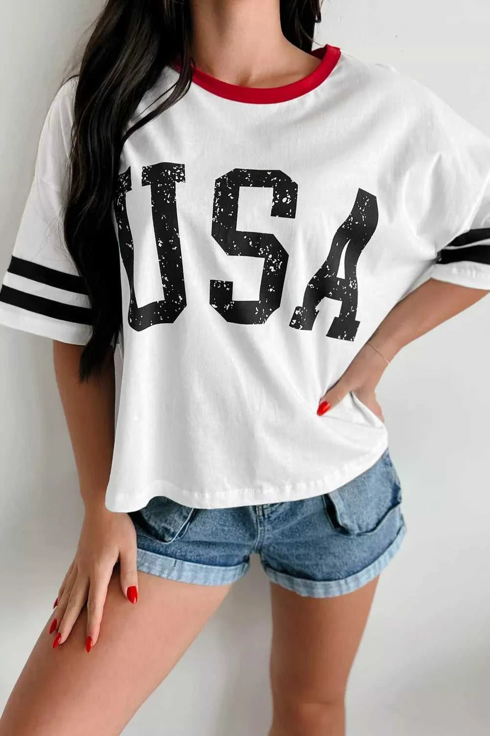 USA Letter Printed Varsity Striped Sleeve Round Neck Tee 100100104949167 30 Affordable Fashion Under $100 Jerry's Apparel 