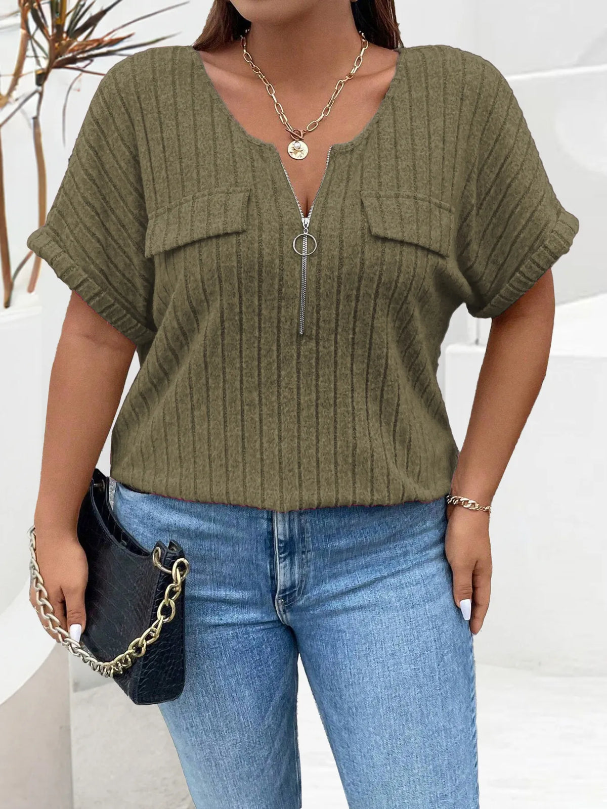 Plus Size Ribbed Half Zip Relaxed Fit T-Shirt