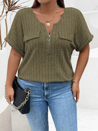 Plus Size Ribbed Half Zip Relaxed Fit T-Shirt