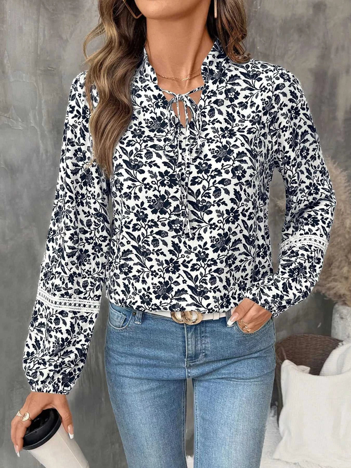 Printed Tie Neck Long Sleeve Blouse 100100483446617 35 Affordable Fashion Under $100 Jerry's Apparel 