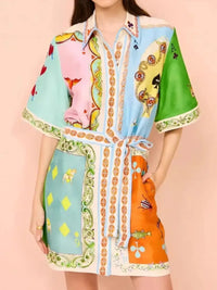 Printed Tie Waist Mini Shirt Dress