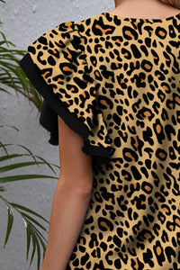 FAM-FAM Leopard Round Neck Flounce Sleeve Blouse