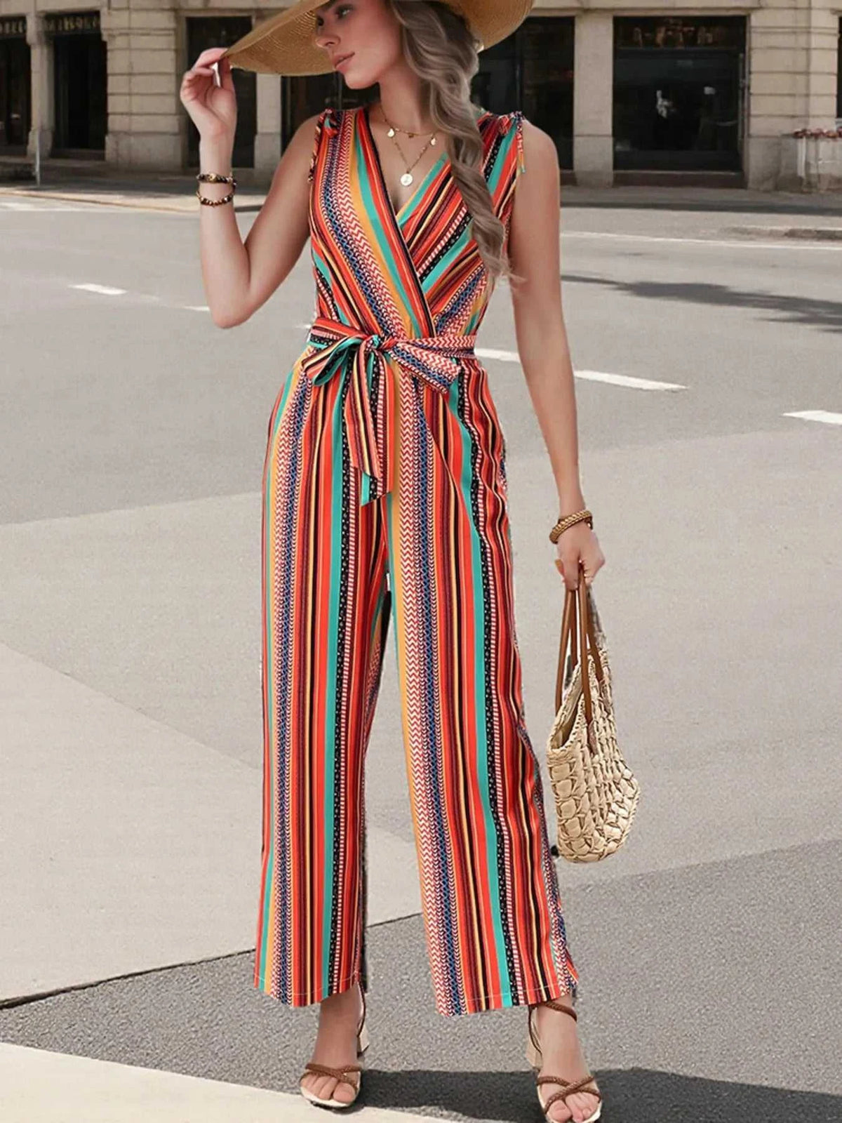 Striped Sleeveless Tie Waist Jumpsuit 100100497230467 28 Affordable Fashion Under $100 Jerry's Apparel 