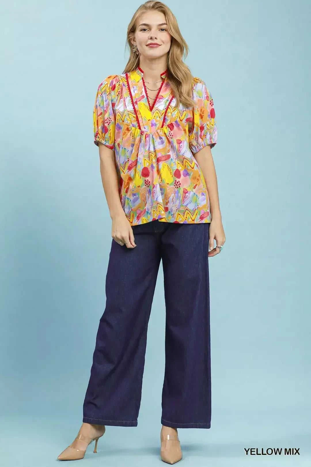 Umgee Abstract Print Puff Sleeve Top 100100369711584 53 Affordable Fashion Under $100 Jerry's Apparel 