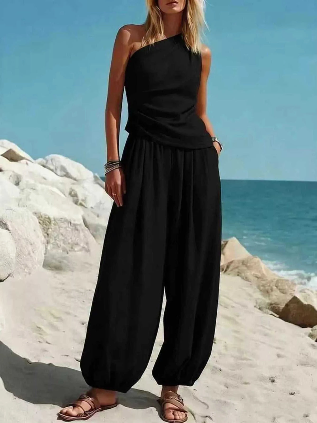 Full Size One-Shoulder Top and Wide Leg Pants Set Plus Size 100100433821316 36 Affordable Fashion Under $100 Jerry's Apparel 
