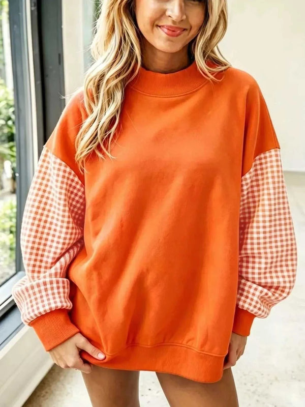 Gingham Sleeves Round Neck Sweatshirt 101001400609518 61 Affordable Fashion Under $100 Jerry's Apparel 