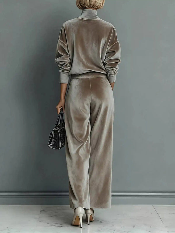 Full Size Elegant Velvet Mock Neck Long Sleeve Top and Wide-Leg Pants Set Plus Size 101001603377263 63 Women's Pants Set Gifts for Her Jerry's Apparel 