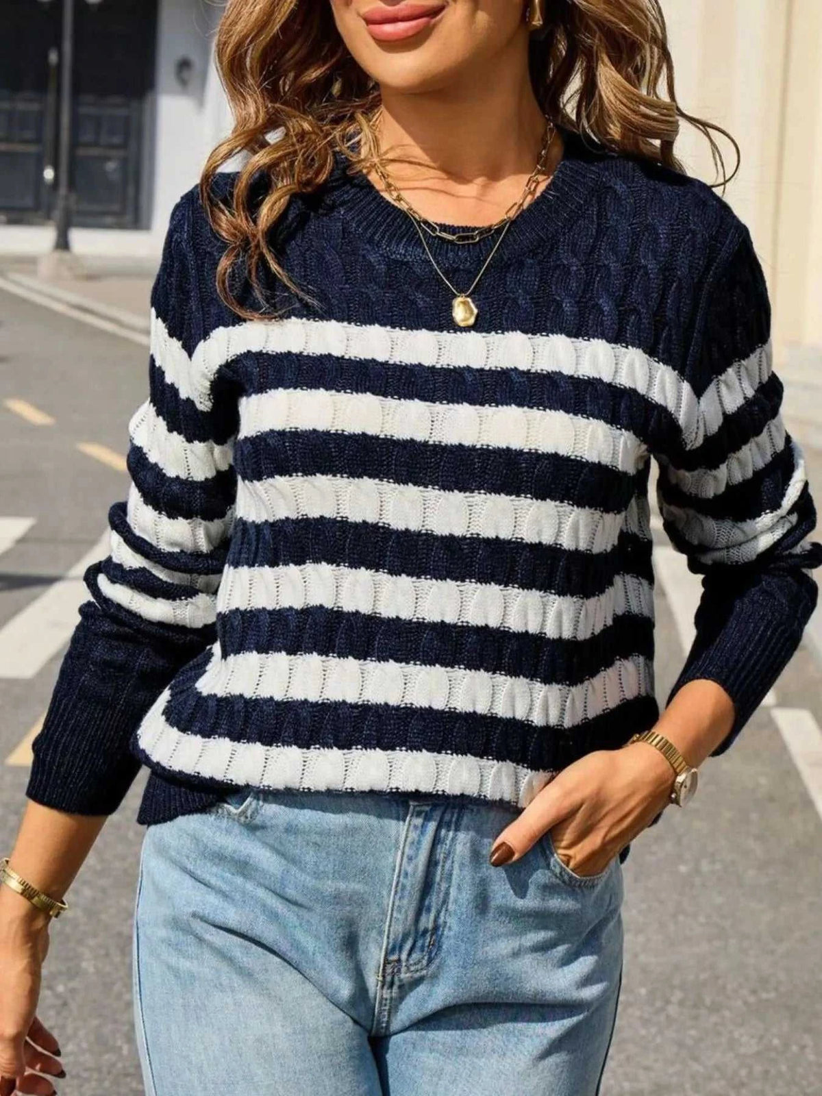 Striped Cable Knit Round Neck Sweater 100100499943508 42 Affordable Fashion Under $100 Jerry's Apparel 