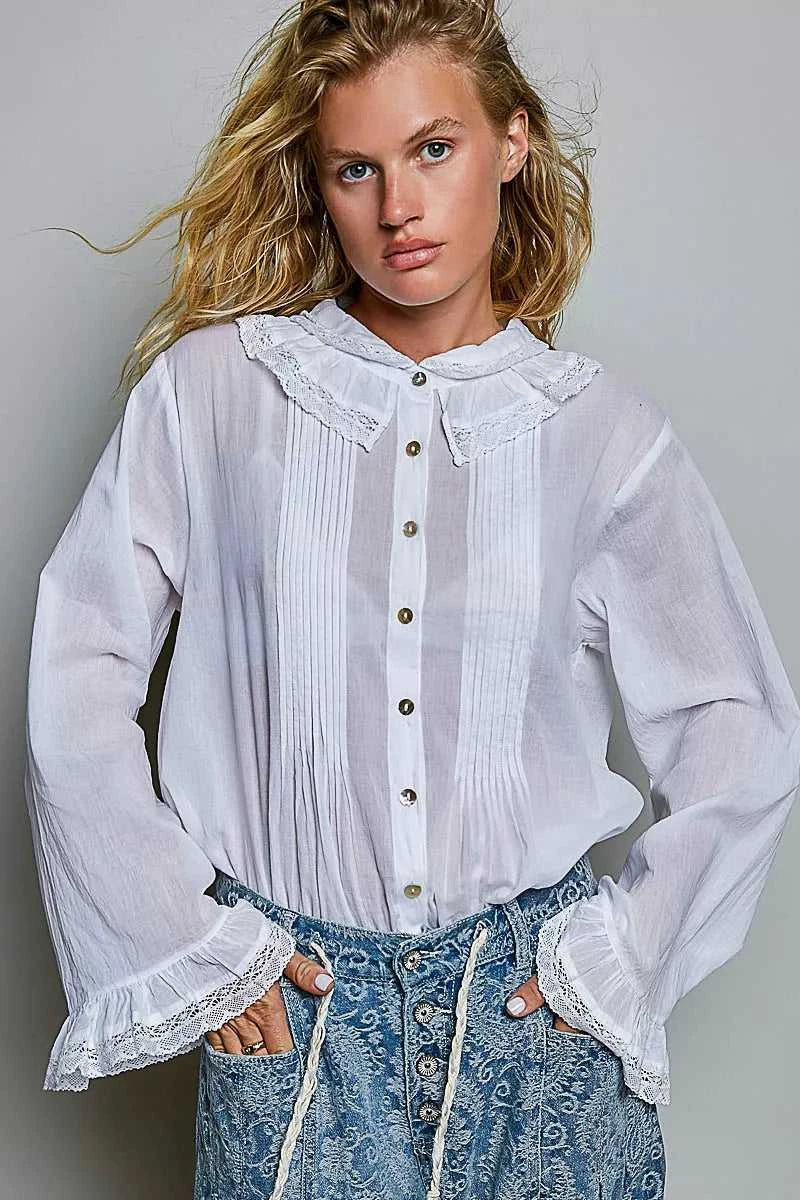POL Woven Lace Trim Pintuck Button-Down Shirt 100100784961327 66 Affordable Fashion Under $100 Jerry's Apparel 