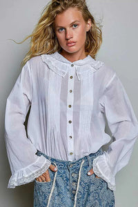 POL Woven Lace Trim Pintuck Button-Down Shirt 100100784961327 66 Affordable Fashion Under $100 Jerry's Apparel 