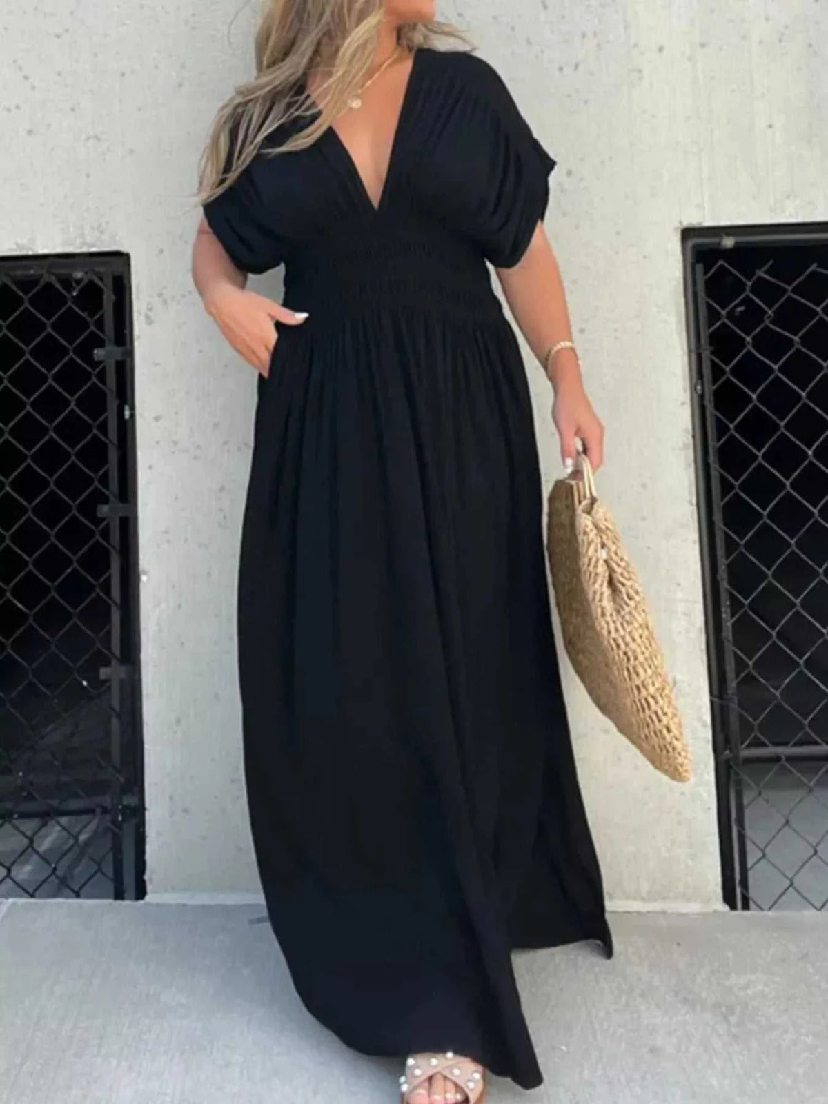 Full Size Slit V-Neck Smocked Waist Maxi Dress Plus Size 100100000480005 59 Gifts for Her Jerry's Apparel 