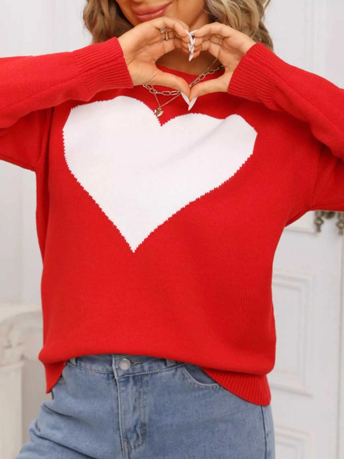 Valentine's Day Heart Round Neck Dropped Shoulder Sweater 100100320895258 49 Affordable Fashion Under $100 Jerry's Apparel 