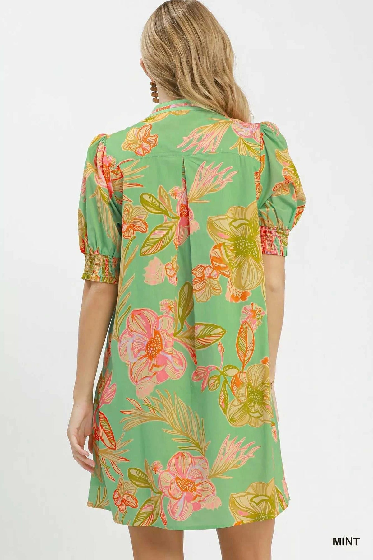 Umgee Botanical Print Dress with Smocked Cuffs 100100413401039 64 Affordable Fashion Under $100 Jerry's Apparel 