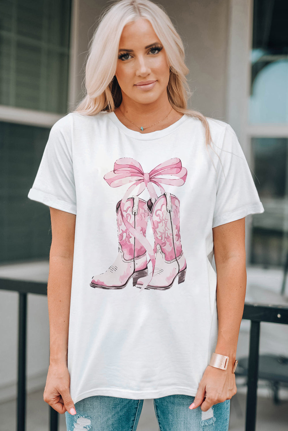 Boot Graphic Round Neck Short Sleeve T-Shirt