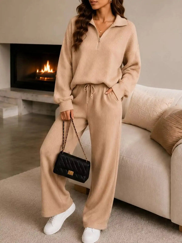 Cozy Ribbed Knit Quarter-Zip Top and Wide-Leg Set 101001505411513 59 Affordable Fashion Under $100 Jerry's Apparel 