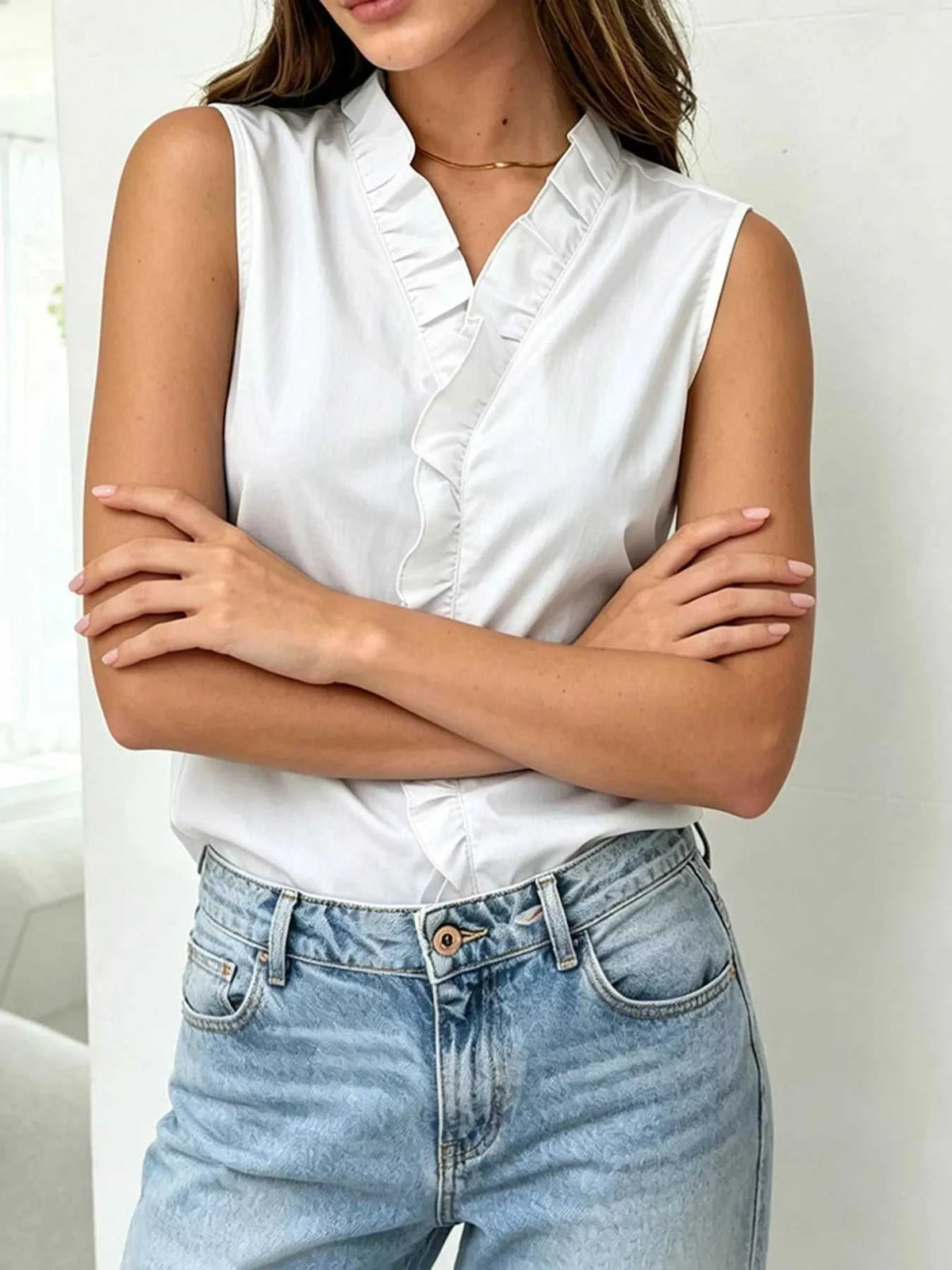 Sleeveless Ruffle V-Neck Blouse 100100948391091 21 Affordable Fashion Under $100 Jerry's Apparel 