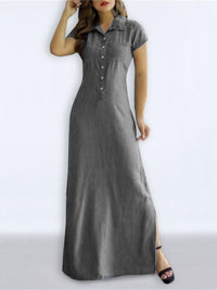 Full Size Button Front Denim Maxi Dress with Side Slit Plus Size