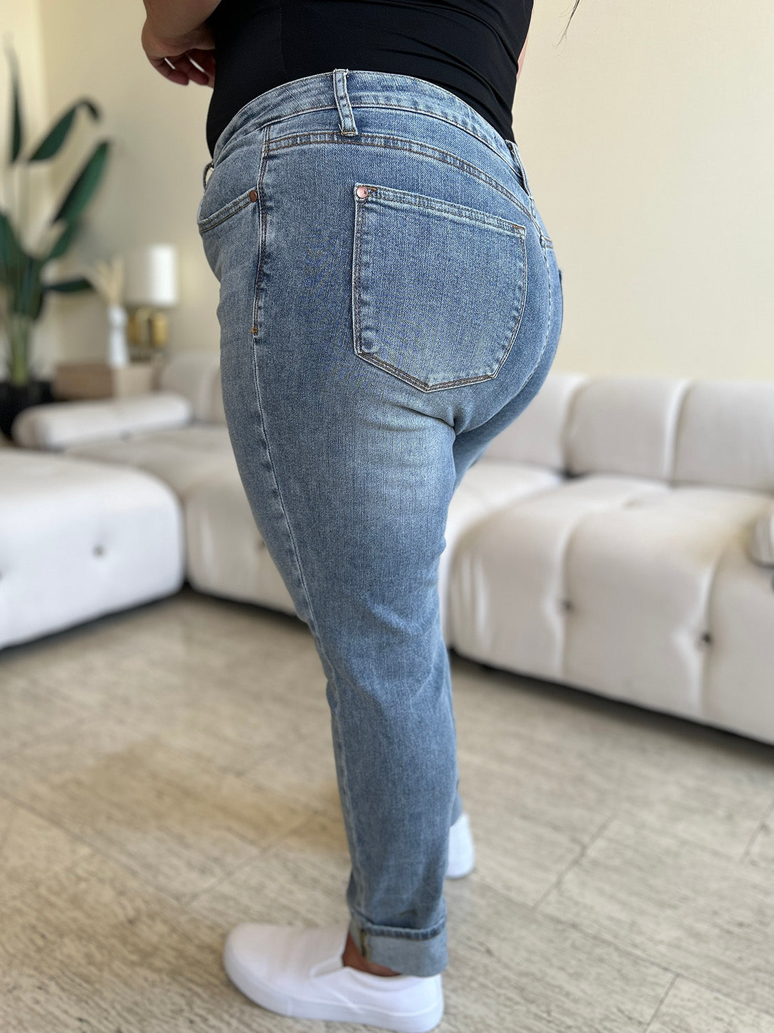 Full Size High Waist Cuff Hem Skinny Jeans