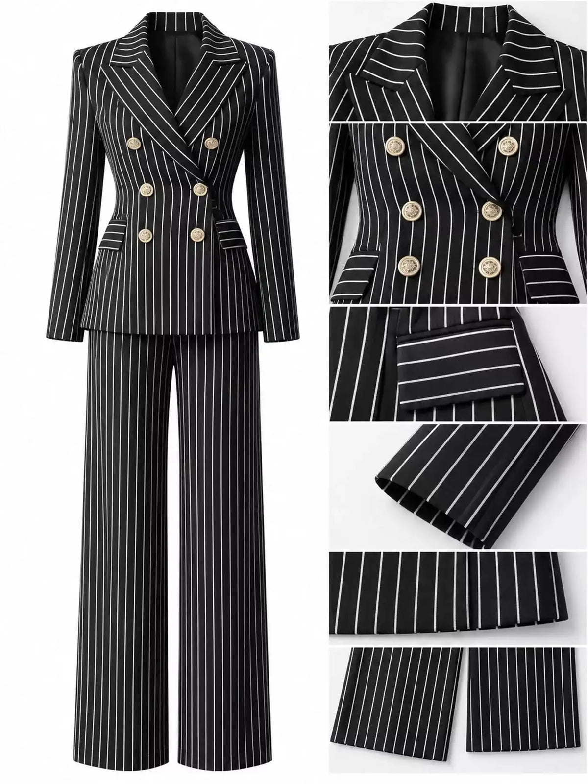 Double-Breasted Pinstripe Blazer and Wide-Leg Pants Set 101001905010997 103 Gifts for Her Jerry's Apparel 