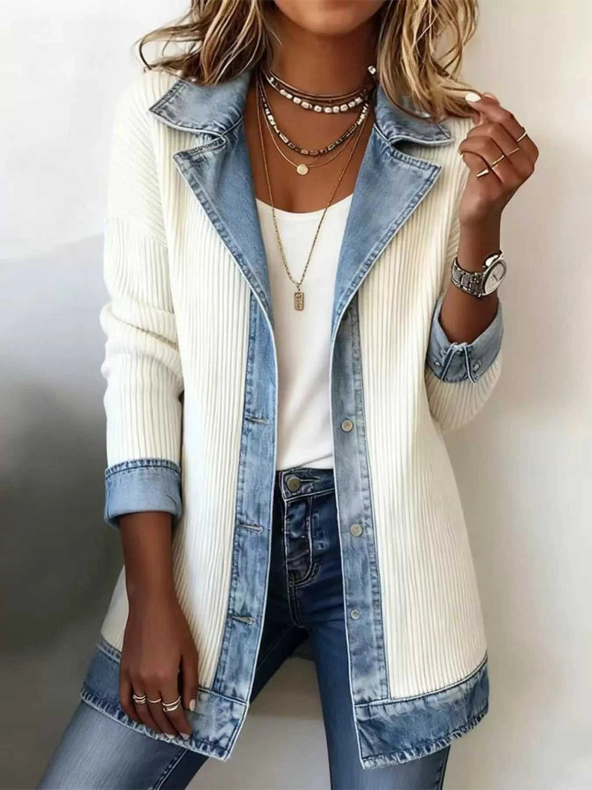 Full Size Denim Trim Ribbed Knit Jacket Plus Size 101001578991997 43 Affordable Fashion Under $100 Jerry's Apparel 