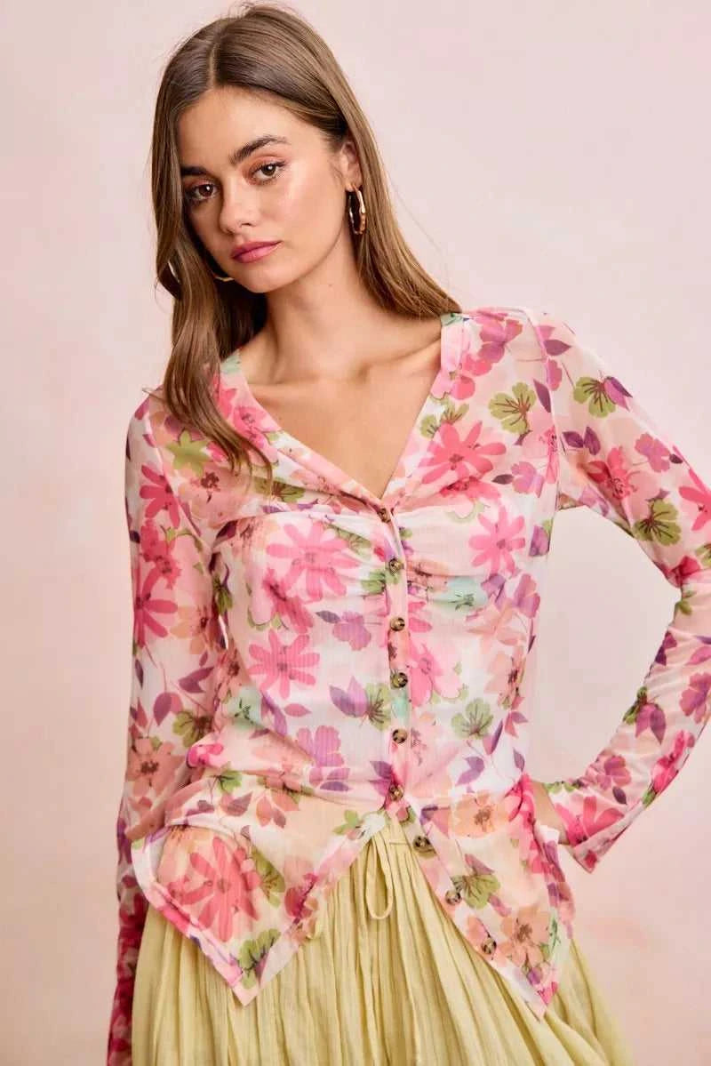 BiBi Floral Shrried Detail Button Up Mesh Cardigan Top 100100970651175 39 Gifts for Her Jerry's Apparel 