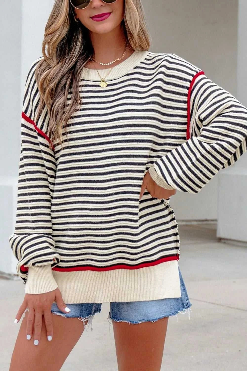 Stripe Ribbed Trim Drop Shoulder Oversized Sweater 100100407322838 55 Affordable Fashion Under $100 Jerry's Apparel 