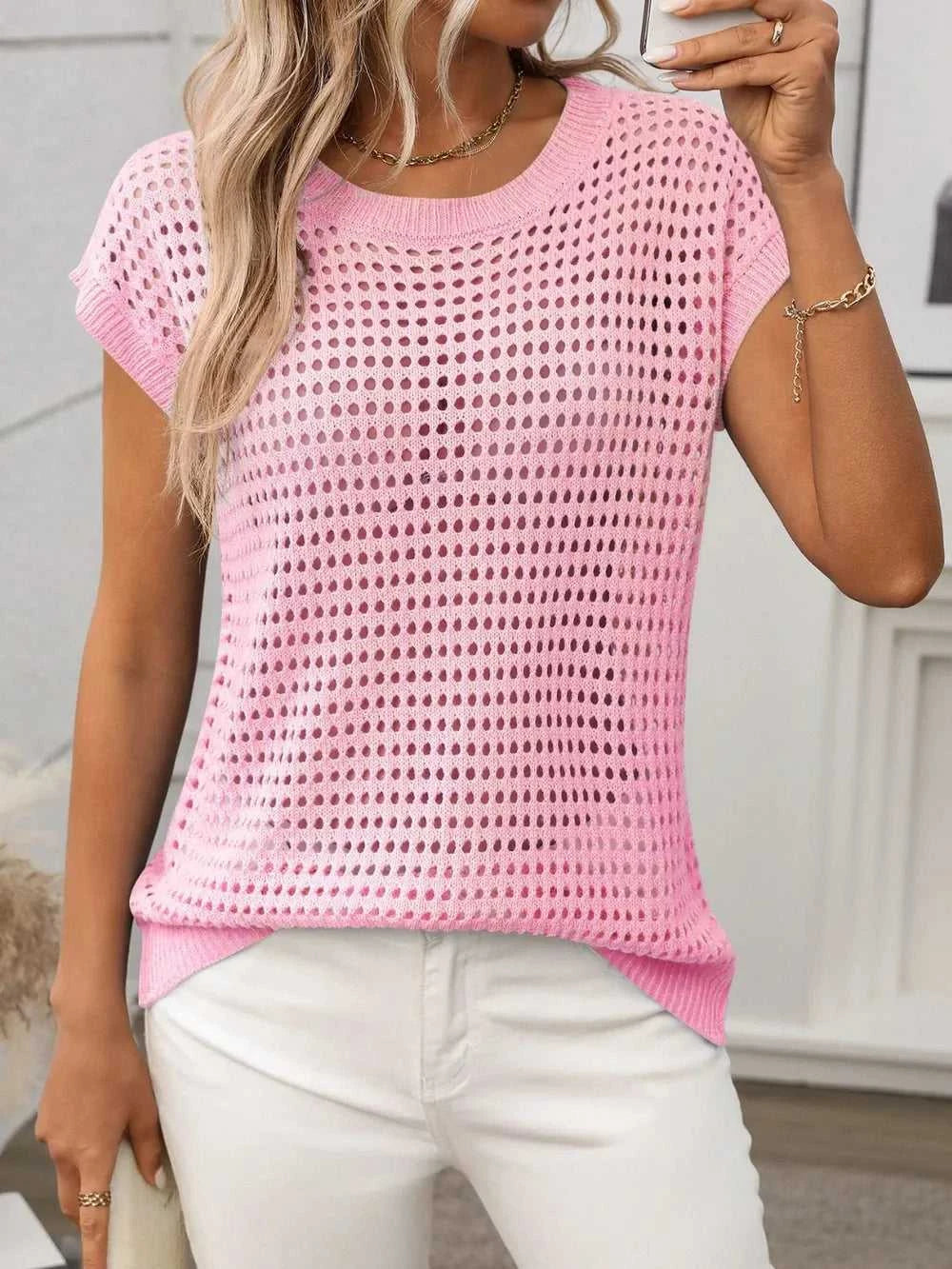 Openwork Round Neck Short Sleeve Knit Cover Up 100100244781953 22 Affordable Fashion Under $100 Jerry's Apparel 